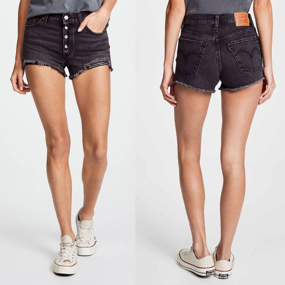 New NWT Levis 501 Original High Waist Denim Jean Shorts 26 Black Eye Destroyed